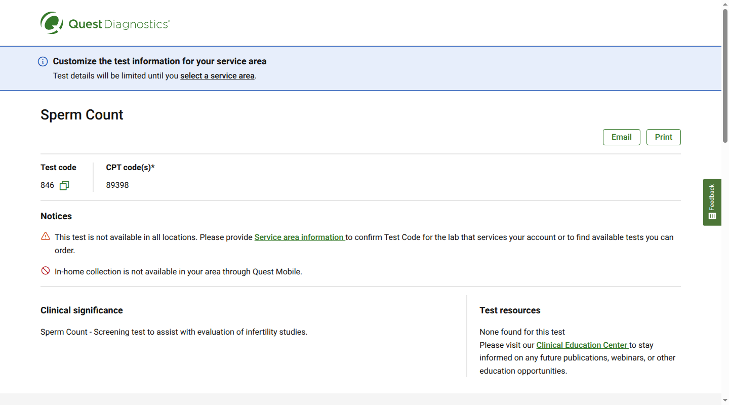 Quest Diagnostics Sperm Count listing showing test code 846 and limited location availability