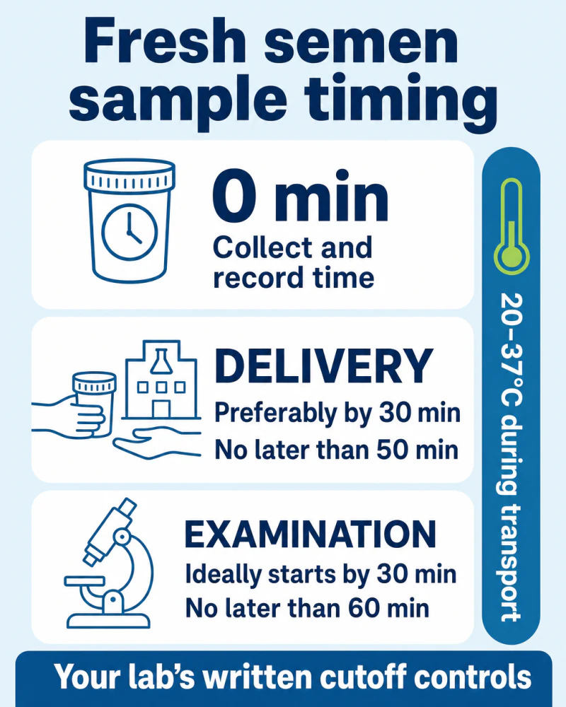 Fresh semen sample timeline distinguishing delivery by 30 to 50 minutes from examination by 60 minutes