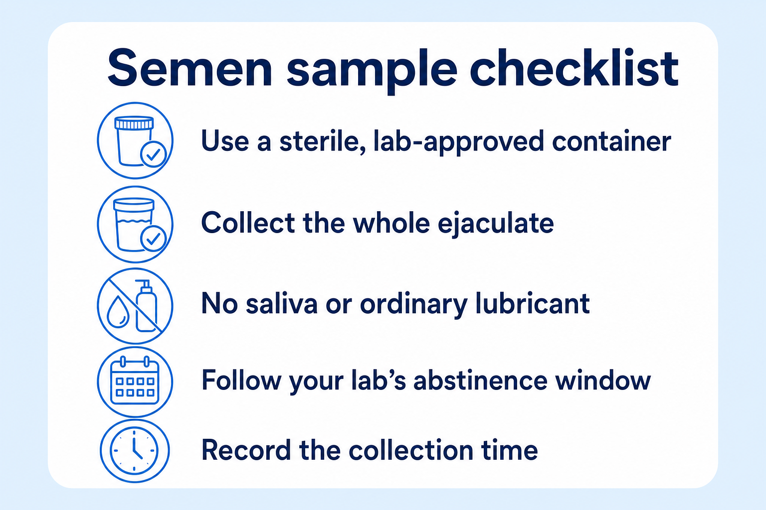 Checklist for collecting an accurate semen sample